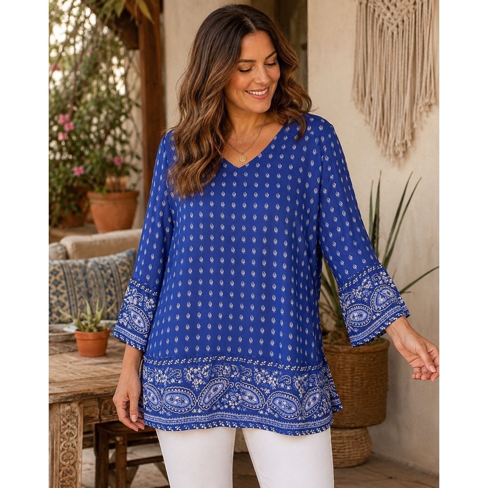 256. Belle by Kim Gravel Blue Paisley Boho Print V-Neck Bell Sleeve Blouse Large